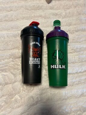 WWE Black Brock Lesnar & Green Hulk Shaker Bottles used a few times great condit